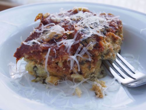 Picture of Baked Polenta with Spinach, Broth-Based Marinara and Mozzarella